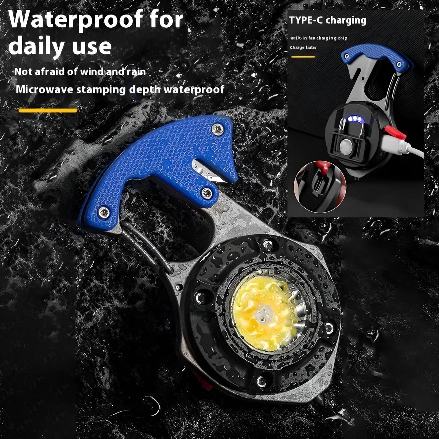 Multifunctional keychain flashlight with window breaker and screwdriver, showing Type-C charging port and LED display.