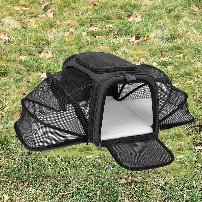 Black and grey portable cat carrier bag with 600D cation fabric construction.