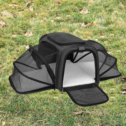 Black and grey portable cat carrier bag with 600D cation fabric construction.