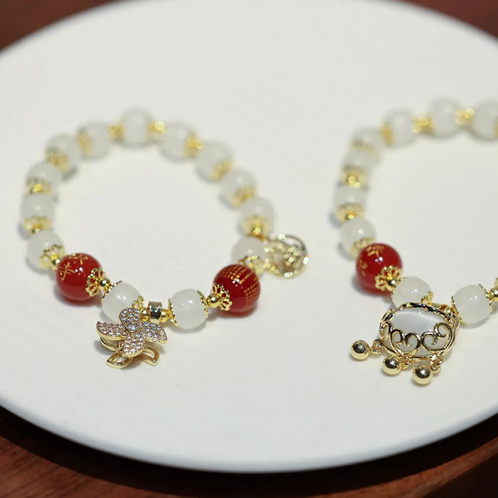 Women's Chinese-style glass bracelet with safety lock charm in choice of three colour options