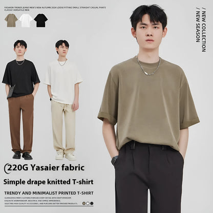 Men's brown drape knit loose t-shirt with short sleeves on a hanger.