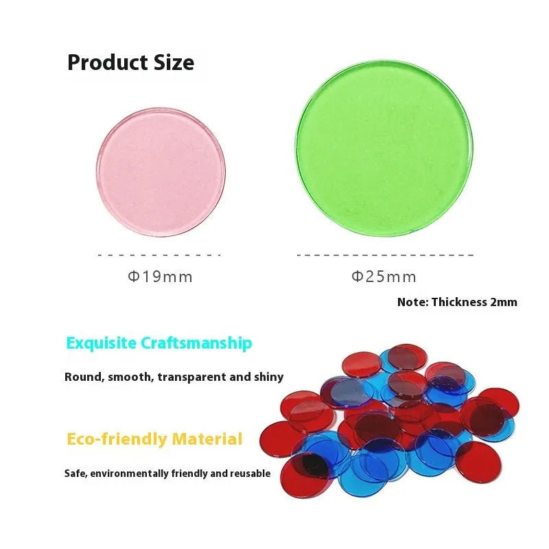 Bag of 100 plastic counting chips in 19mm or 25mm size, solid colour or transparent, for children aged 4 to 6
