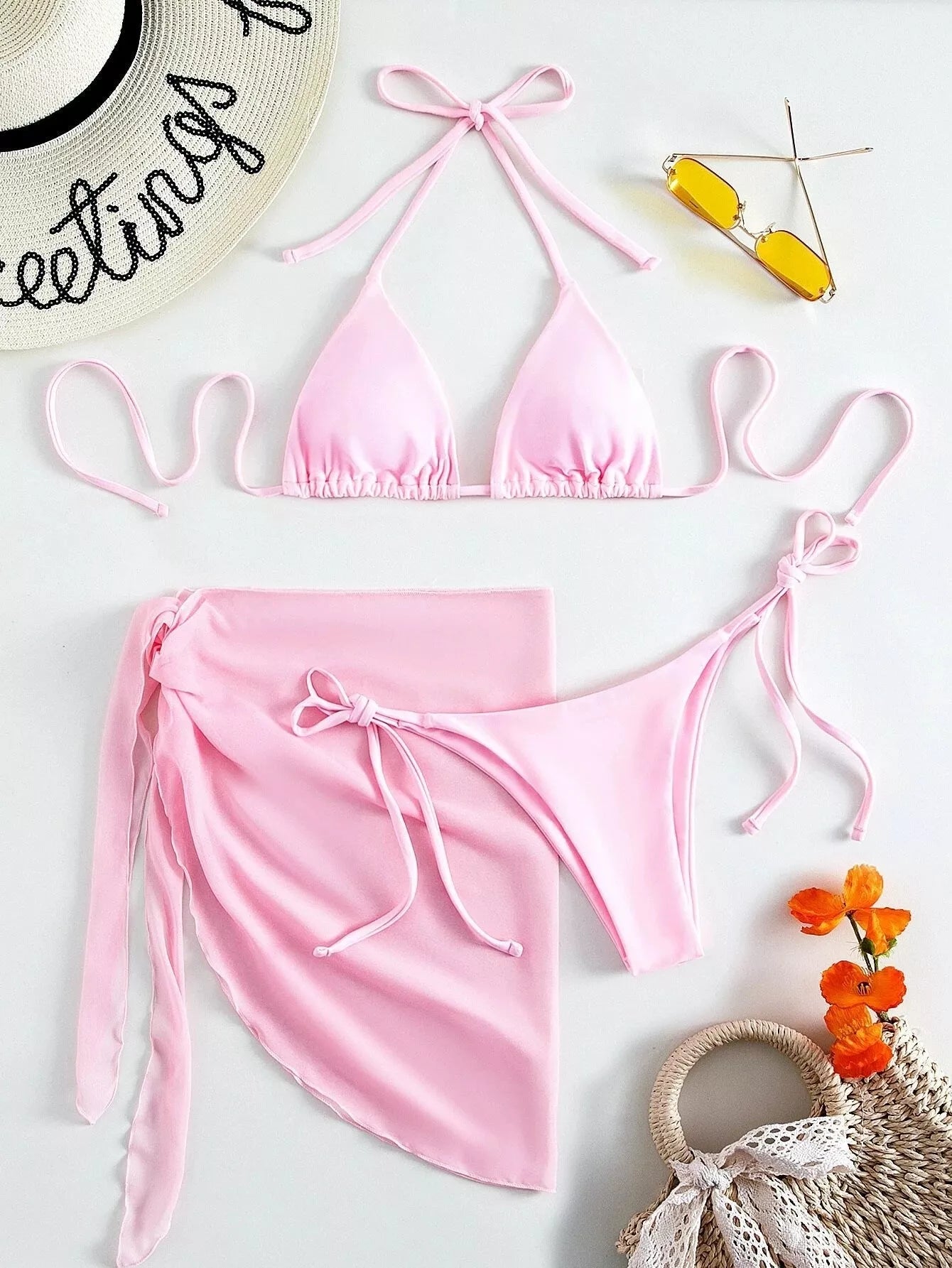 Women's three-piece mesh bikini swimsuit in vibrant colours, perfect for summer