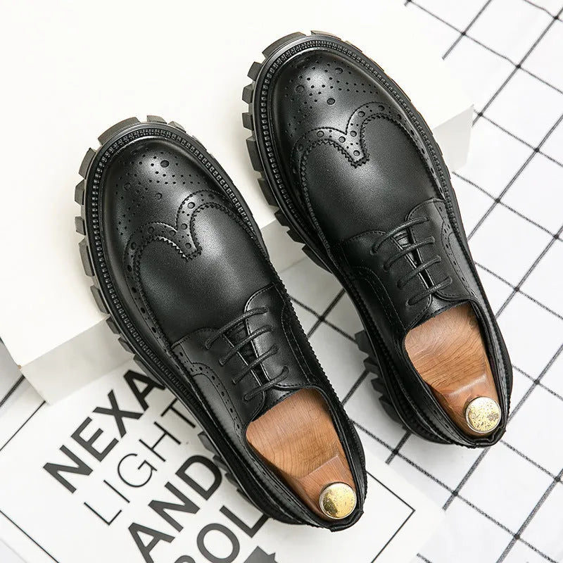 Men's black and brown business brogue shoes with round toe and artificial PU leather construction