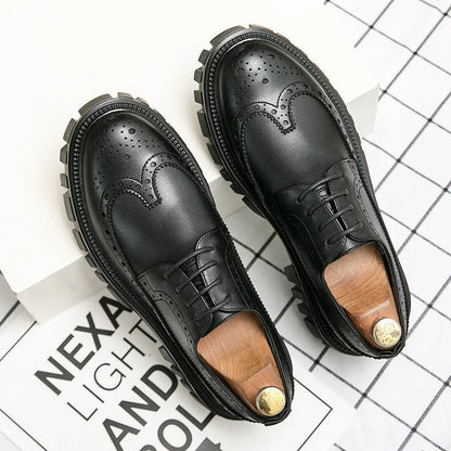 Men's black and brown business brogue shoes with round toe and artificial PU leather construction