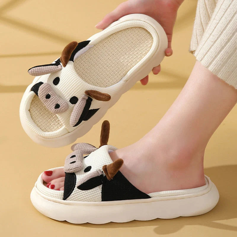 Cartoon Cow Frog Linen Slippers with non-slip PVC sole in various colours