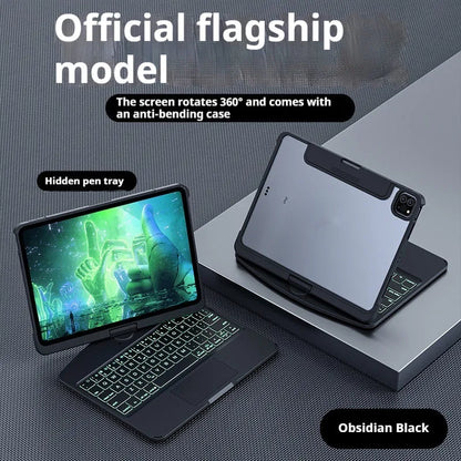 Transparent rotating keyboard case for iPad Air 5 with detachable Bluetooth keyboard open.