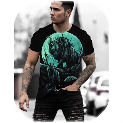 Retro-style men's short-sleeved T-shirt featuring a vibrant 3D animal graphic print on lightweight fabric.
