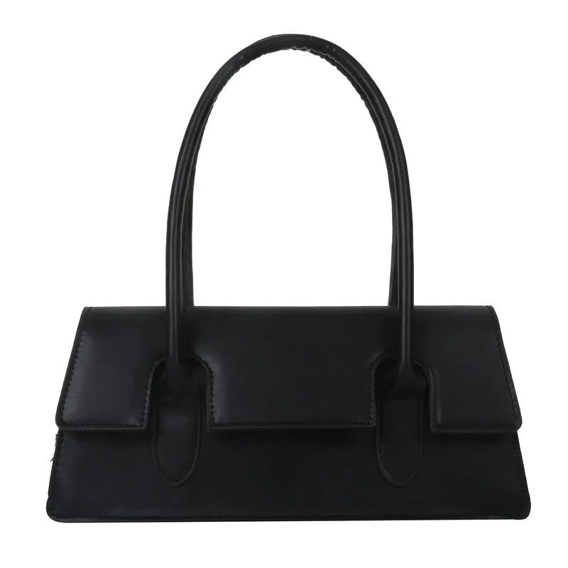 Women's black PU leather square shoulder bag with stitching detail and single strap