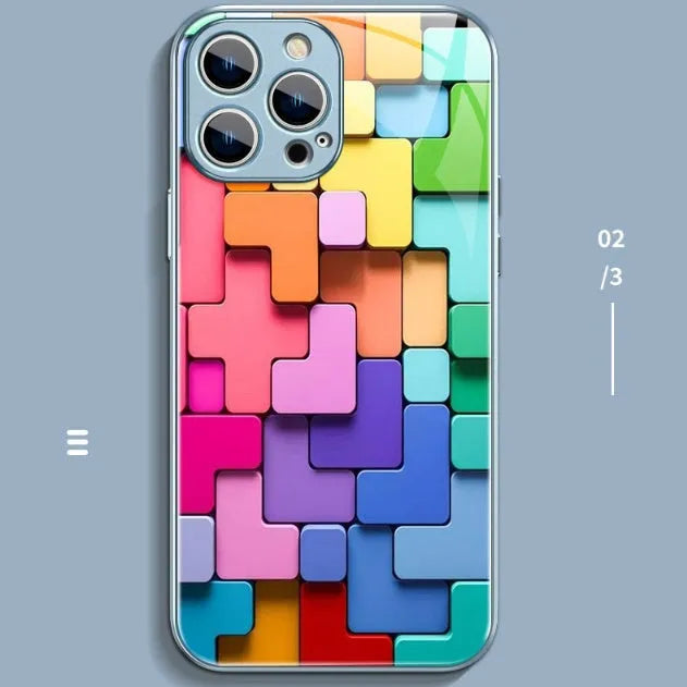Silicone iPhone case with a colourful cartoon geometric block pattern on the back.