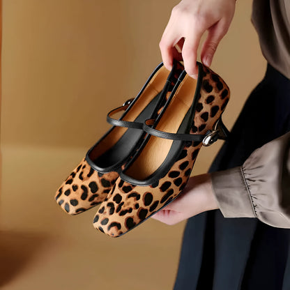 Women's black square toe stiletto ankle-strap shoes with horse hair upper and buckle fastening