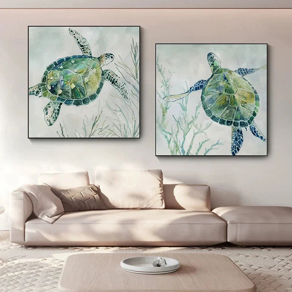 Frameless turtle canvas printing poster in 40x40cm square size with detailed picture colours