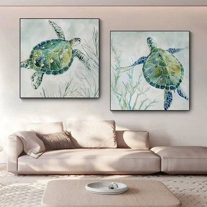 Frameless turtle canvas printing poster in 40x40cm square size with detailed picture colours
