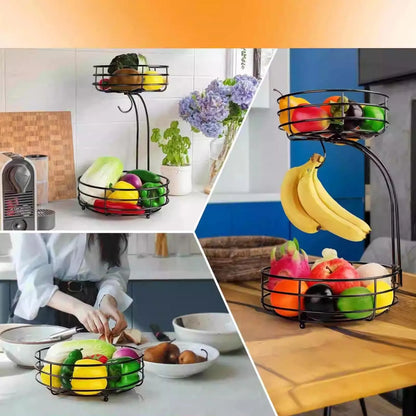 Black double-layer wrought iron fruit basket with 30cm diameter on kitchen counter