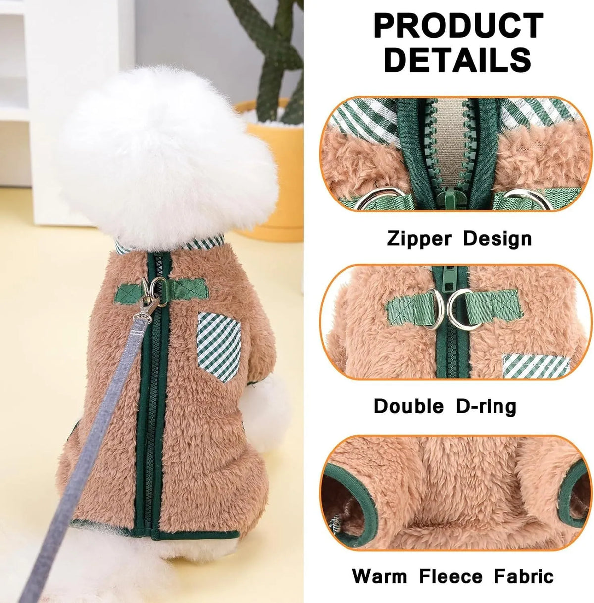 Green plush fleece dog jumpsuit on a small dog, showing the four-leg design and back zipper with D-ring.