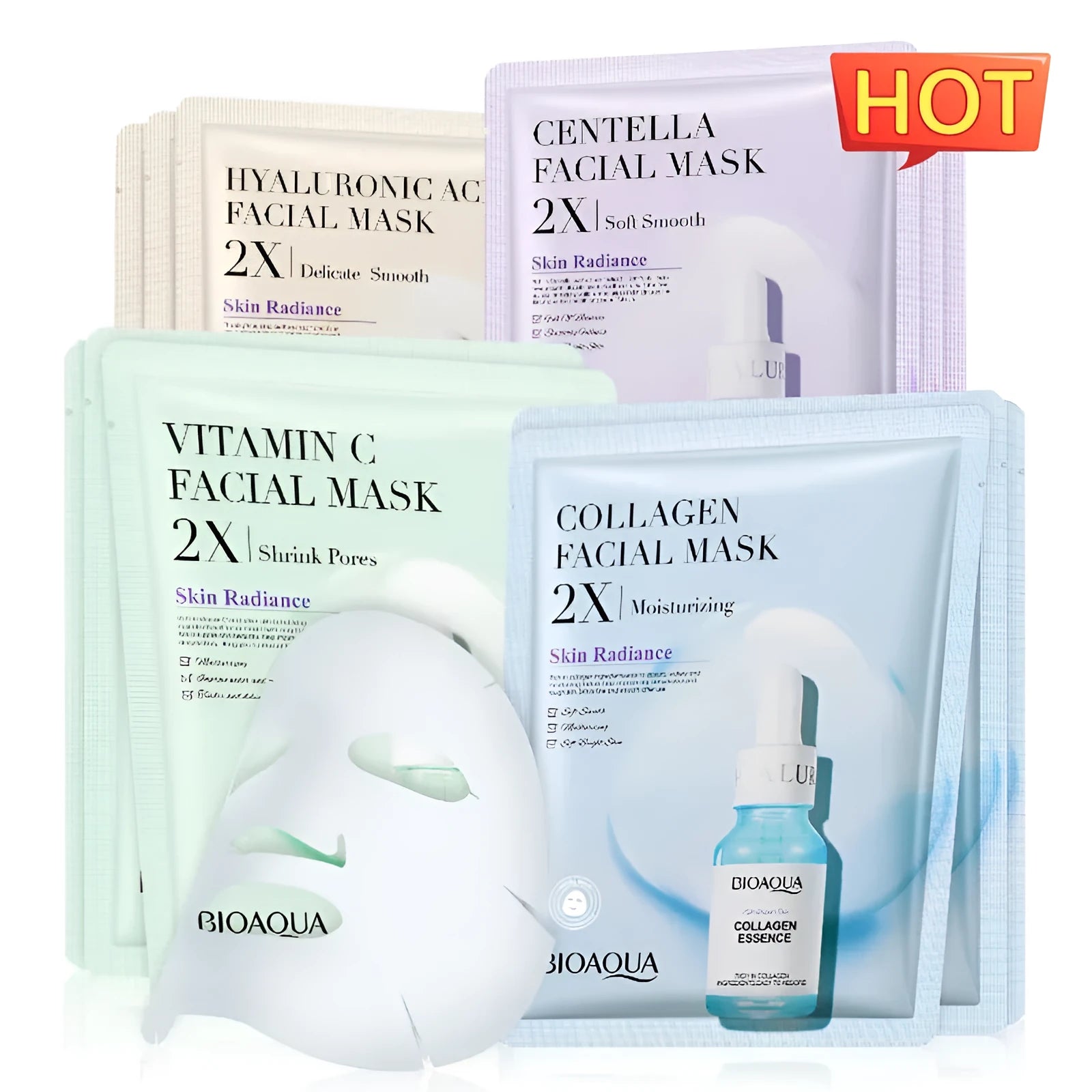 White collagen and hyaluronic acid facial sheet mask in 30g gel format on skin