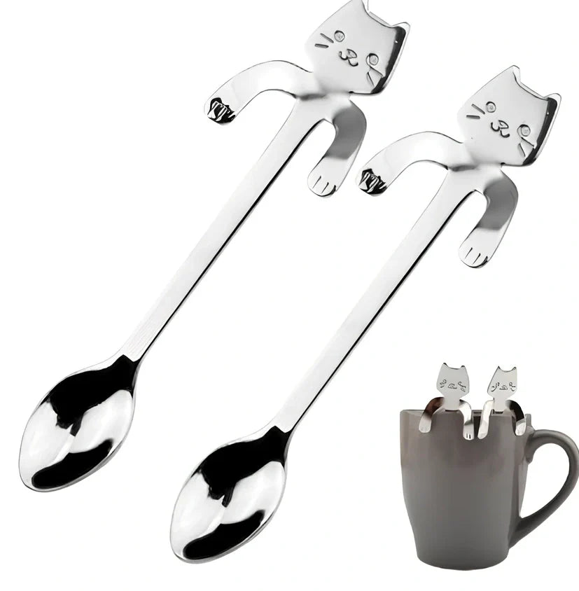 Stainless steel coffee spoon with cartoon cat handle showing hanging hole and smooth edges