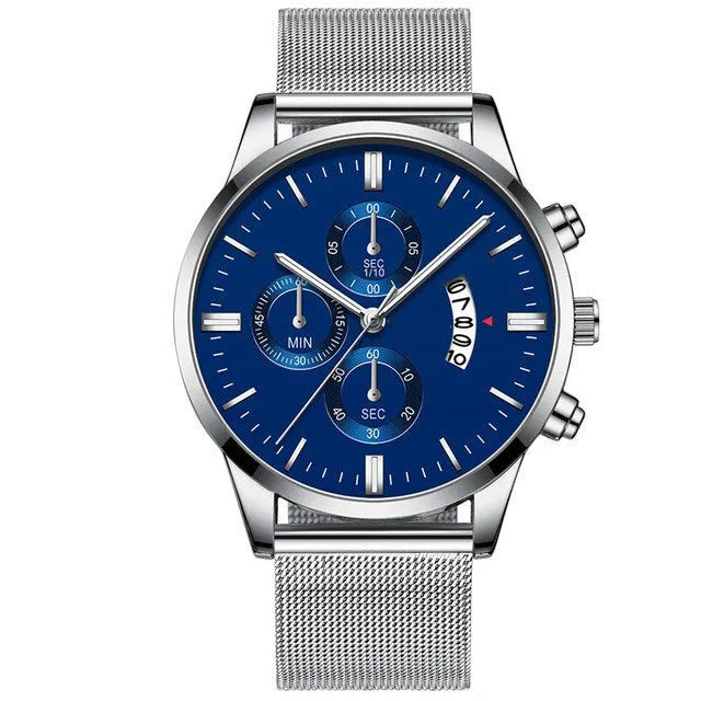 Men's stainless steel mesh band quartz watch with analog dial on a wrist.