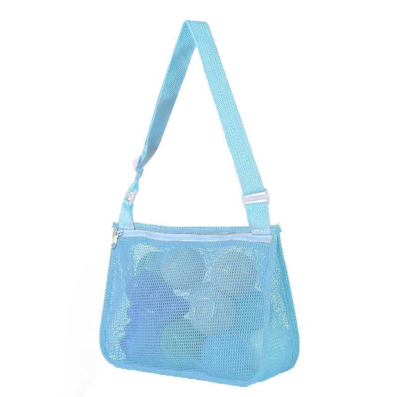 Blue children's drawstring travel storage bag made of nylon mesh for organising toys and clothes.