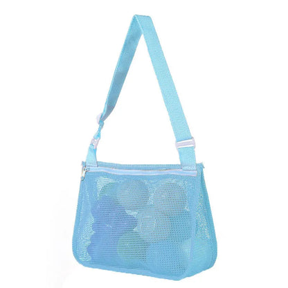 Blue children's drawstring travel storage bag made of nylon mesh for organising toys and clothes.
