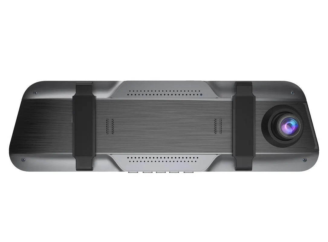 Black rearview mirror dash cam with 10-inch touch screen display for 1080P driving recording.