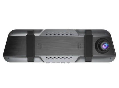 Black rearview mirror dash cam with 10-inch touch screen display for 1080P driving recording.
