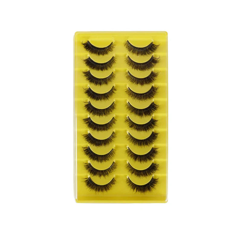 10 pairs of 3D multi-layer false eyelashes showing five different style options with black and transparent stems