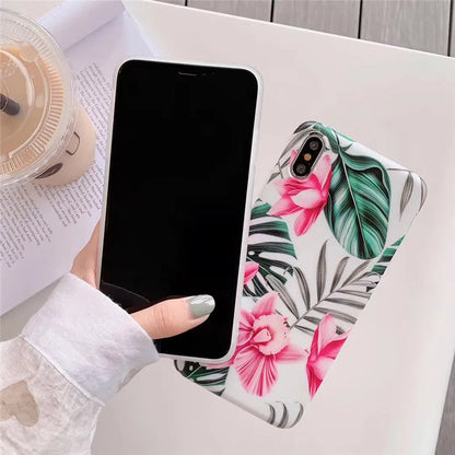 Pink floral print TPU back cover case for iPhone models 6 through 11 Pro Max.