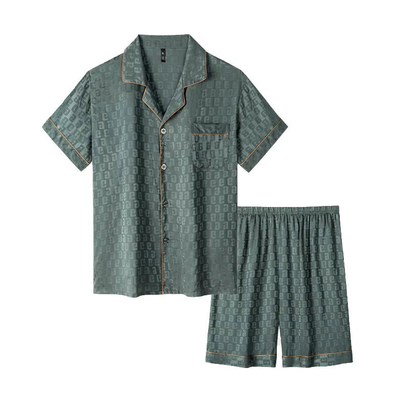Men's lightweight ice silk pyjama set with cardigan top and short pants in satin jacquard pattern