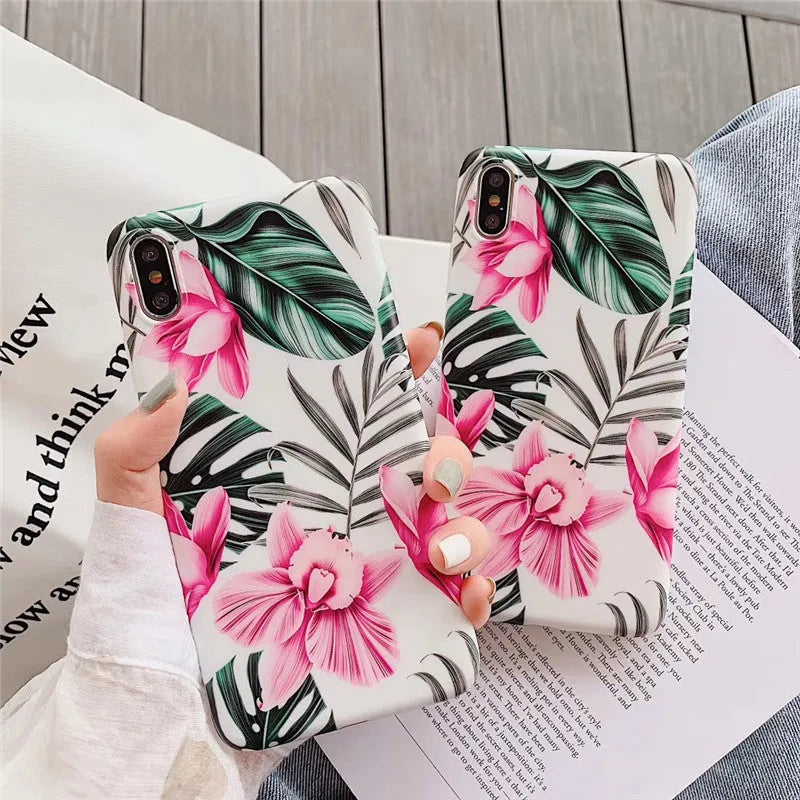 Pink floral print TPU back cover case for iPhone models 6 through 11 Pro Max.
