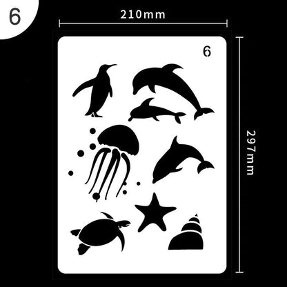 White plastic drawing stencil set with geometric cut-out patterns including hearts and stars