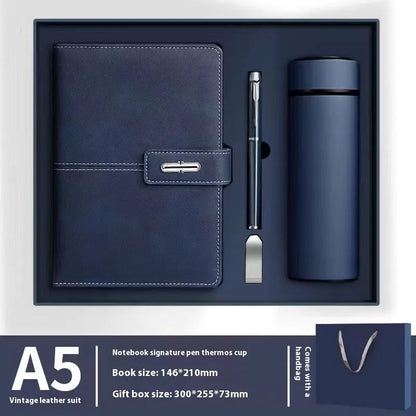 A5 notebook with imitation leather cover in colour options including black, red, green, blue, and orange.