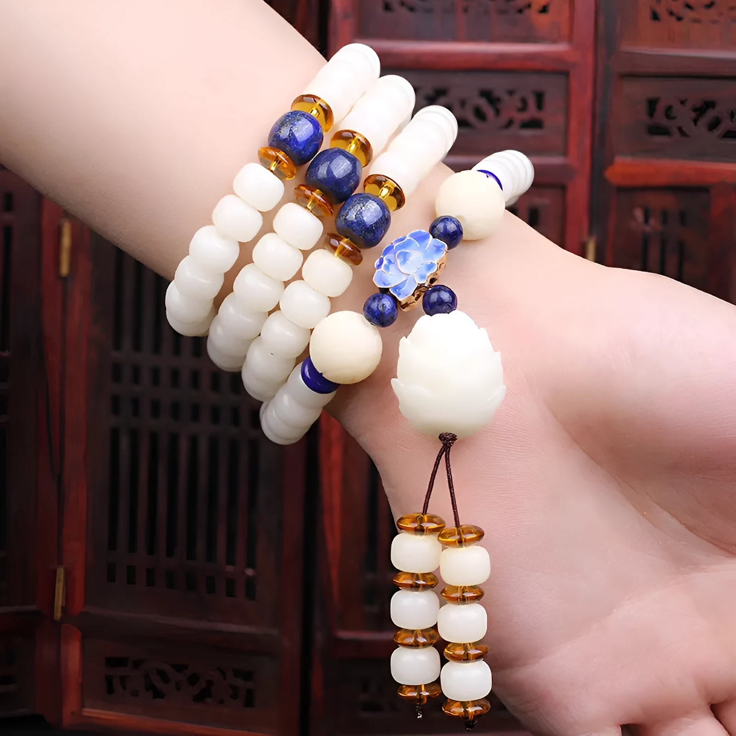 White jade Bodhi beads bracelet with 6x8mm beads in multiple decorative styles for men and women