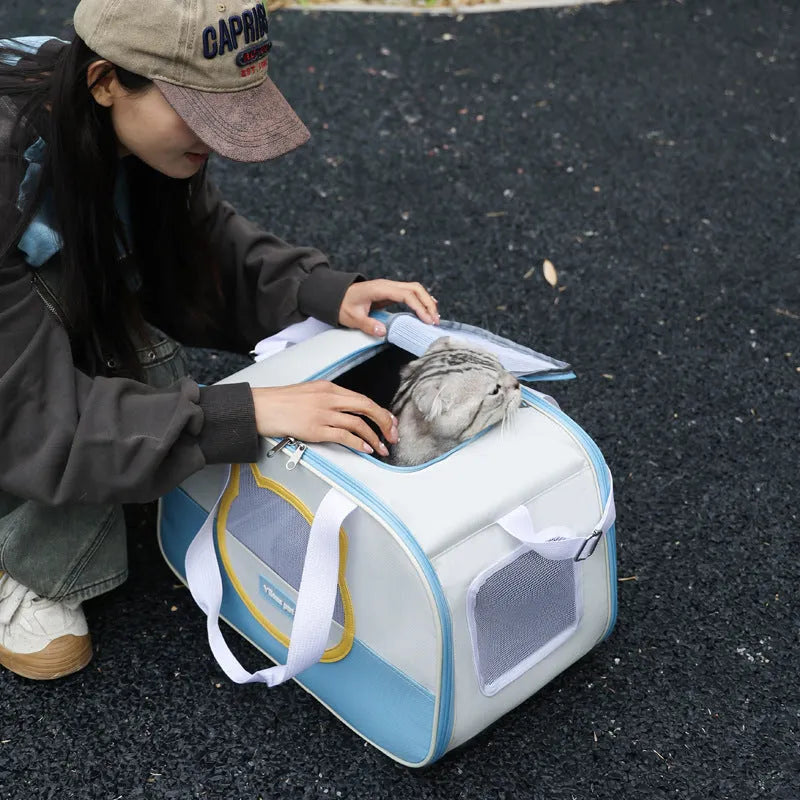 Outdoor portable foldable cat backpack in Oxford cloth with contrast colour design and 15 Jin capacity