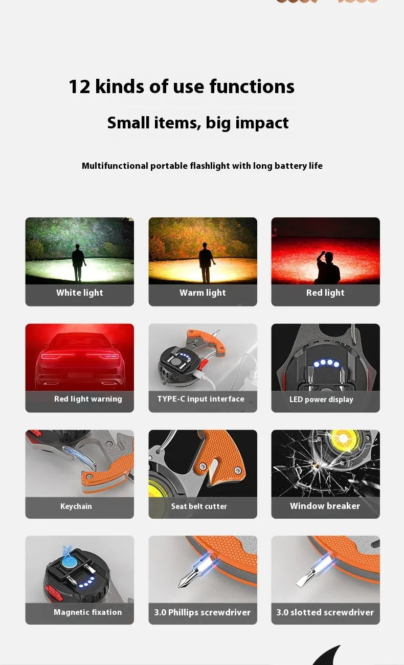 Multifunctional keychain flashlight with window breaker and screwdriver, showing Type-C charging port and LED display.