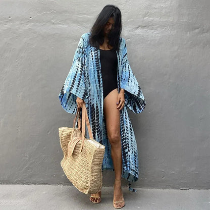 Printed loose beach cover-up shirt with long sleeves in cotton fabric for sun protection