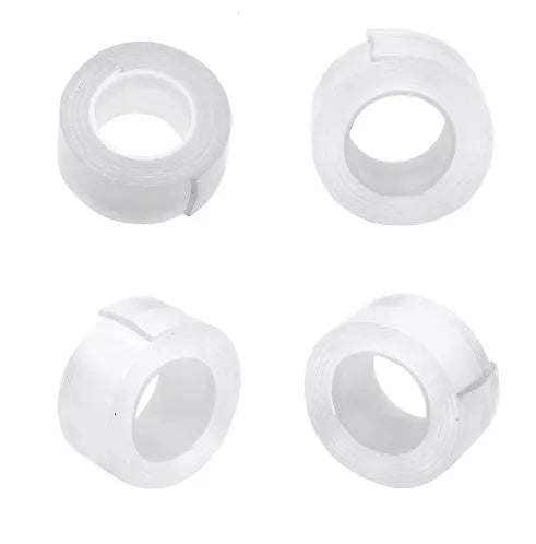 Roll of washable PU nano gel double-sided adhesive tape in various width options on a white background.