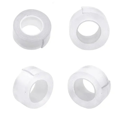 Roll of washable PU nano gel double-sided adhesive tape in various width options on a white background.