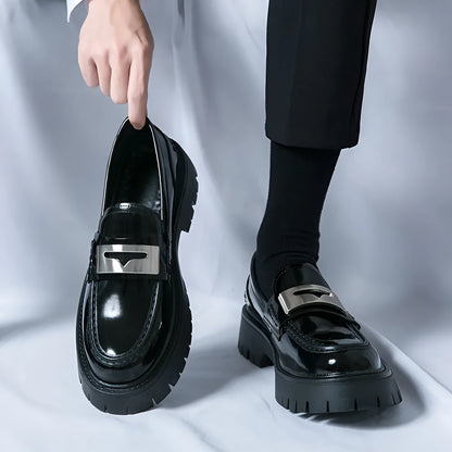 Men's black glossy platform loafers with hidden heel for summer casual wear
