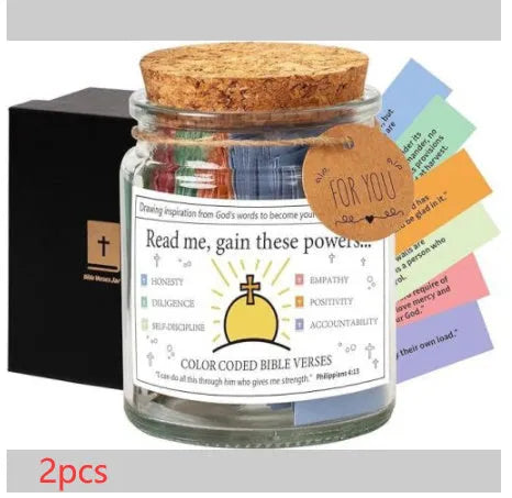 Glass Bible verses jar with cartoon design containing 90 rolled scripture papers in multiple colour options