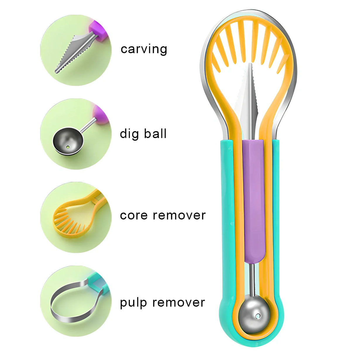 Stackable fruit tool set showing melon baller, V-shaped carver, and dual scoops in 24cm compact design