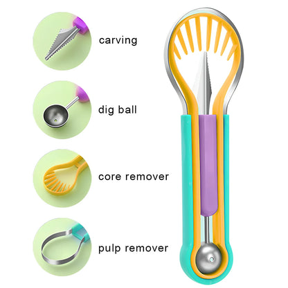 Stackable fruit tool set showing melon baller, V-shaped carver, and dual scoops in 24cm compact design