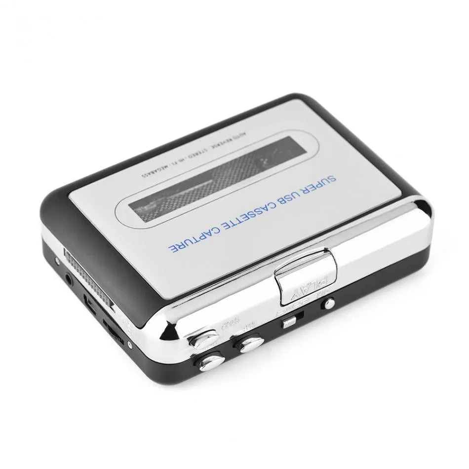 Silver USB cassette tape to MP3 converter unit with USB cable on a white background.
