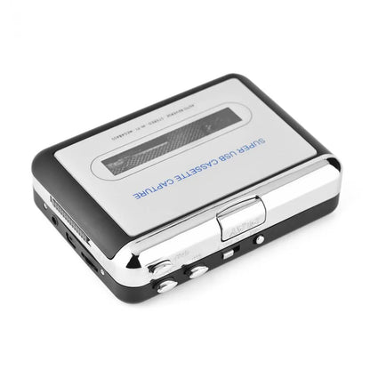 Silver USB cassette tape to MP3 converter unit with USB cable on a white background.