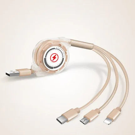 Black telescopic 3-in-1 charging cable with titanium alloy connectors extended on a white background.