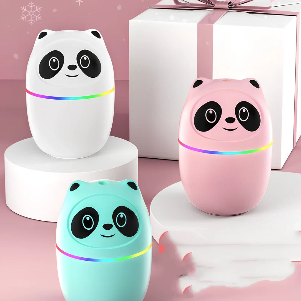 White USB mini humidifier on desk emitting mist with night light glow, 75x75x116mm size for office aromatherapy