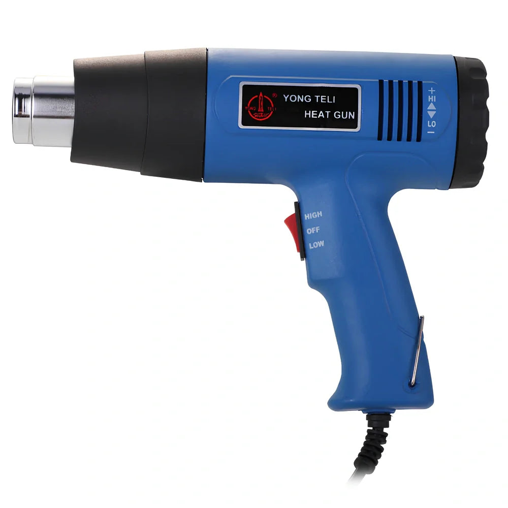 Industrial heat gun with temperature dial showing 300-500°C range and dual air flow settings