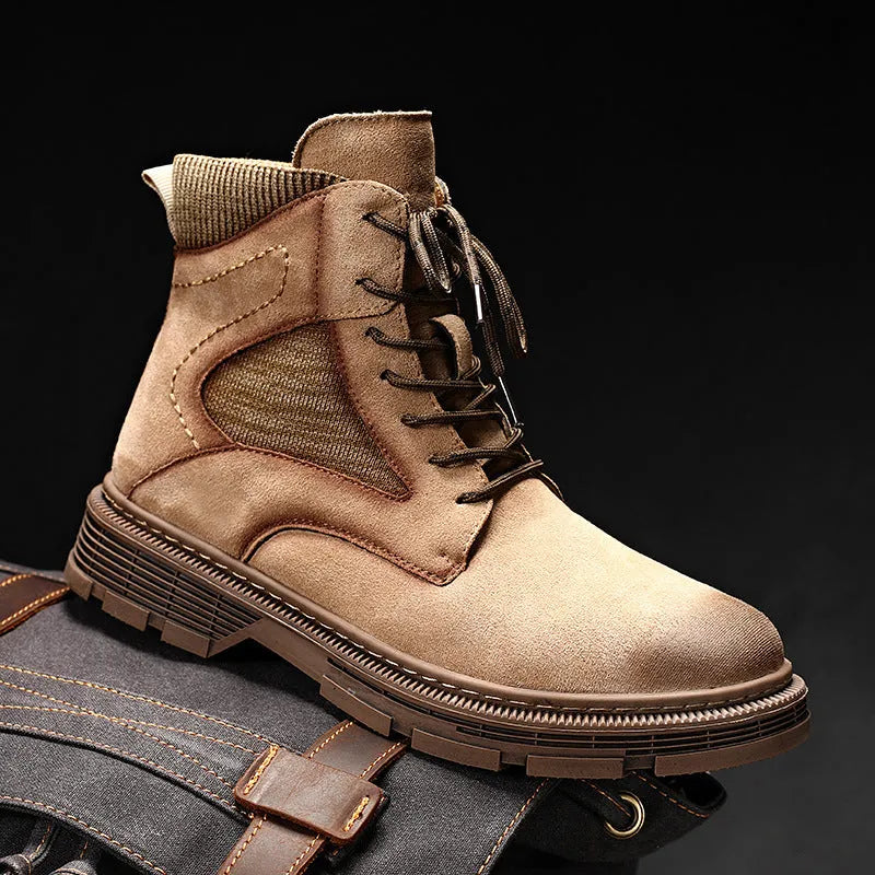 Men's vintage-style Martin boots in black with round toe, low thick heel, and frosted microfiber leather upper.