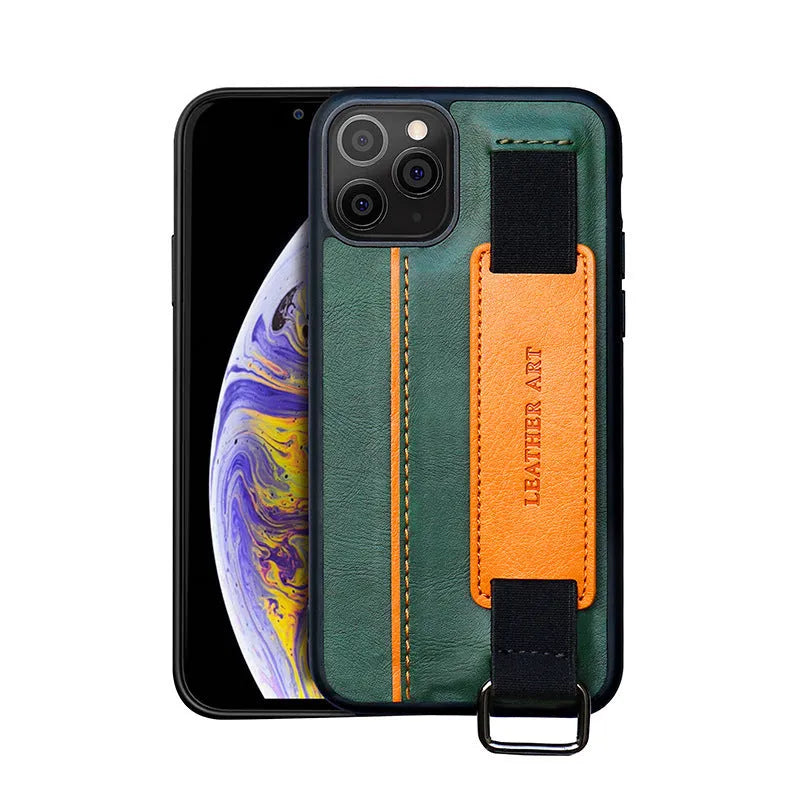 Brown imitation leather iPhone wallet case with wrist strap showing stripe detailing and stitching