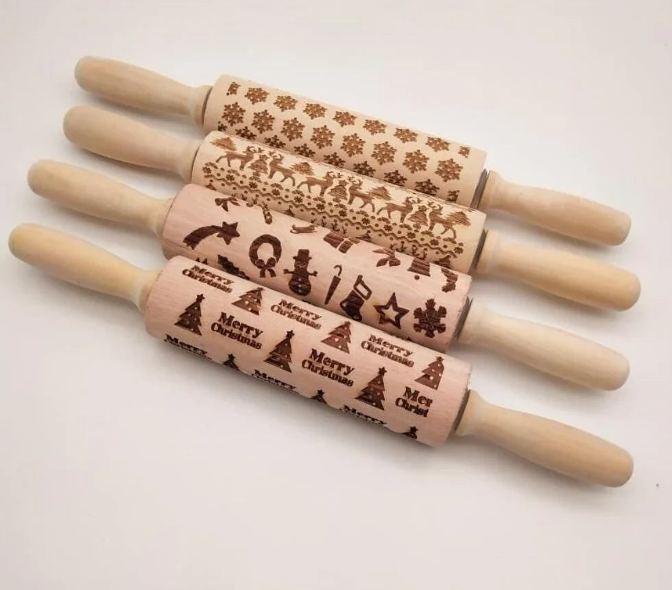 Festive rolling pin with embossed Christmas designs for easy imprinting on dough